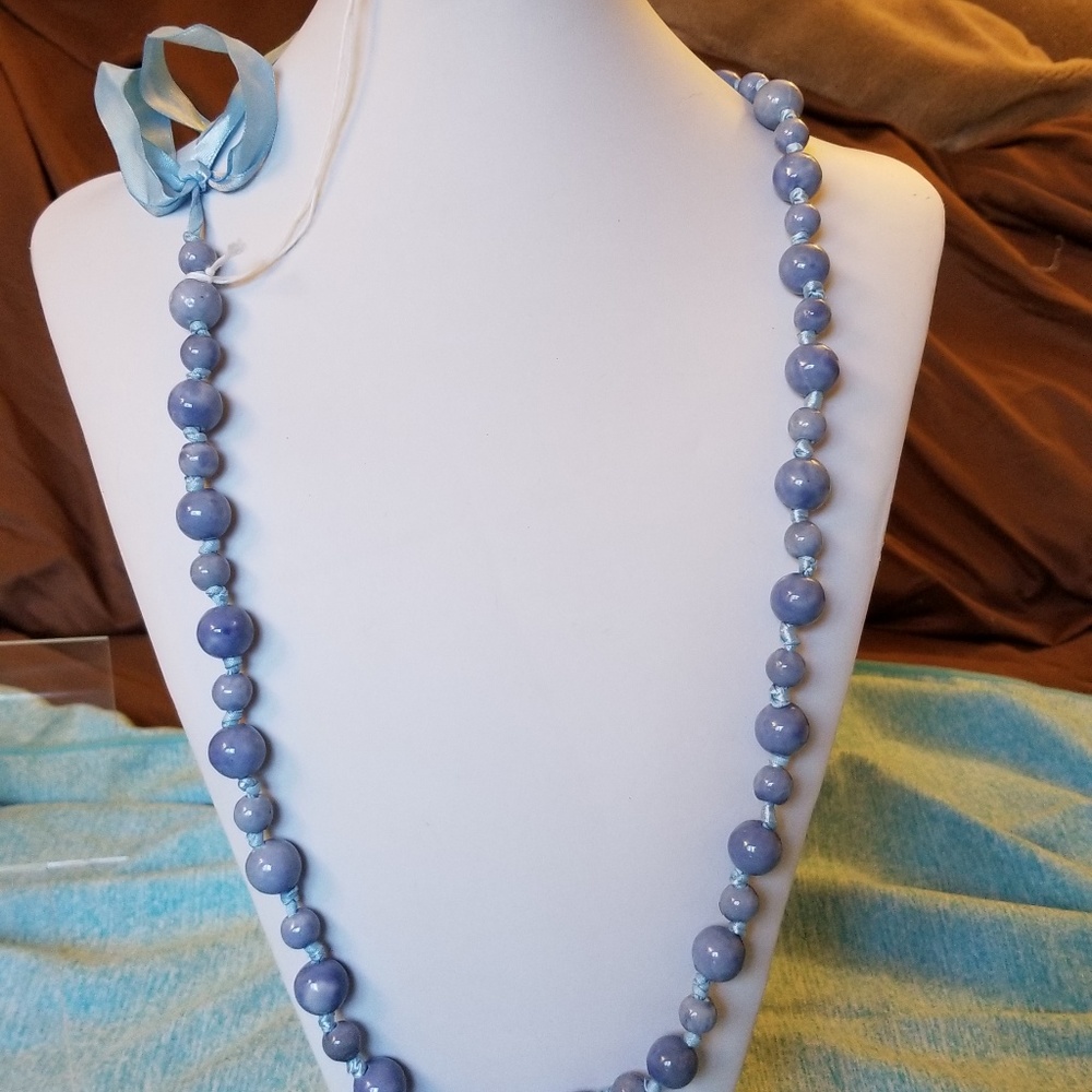 NWT Handmade Necklace Blue Pearls Ribbon